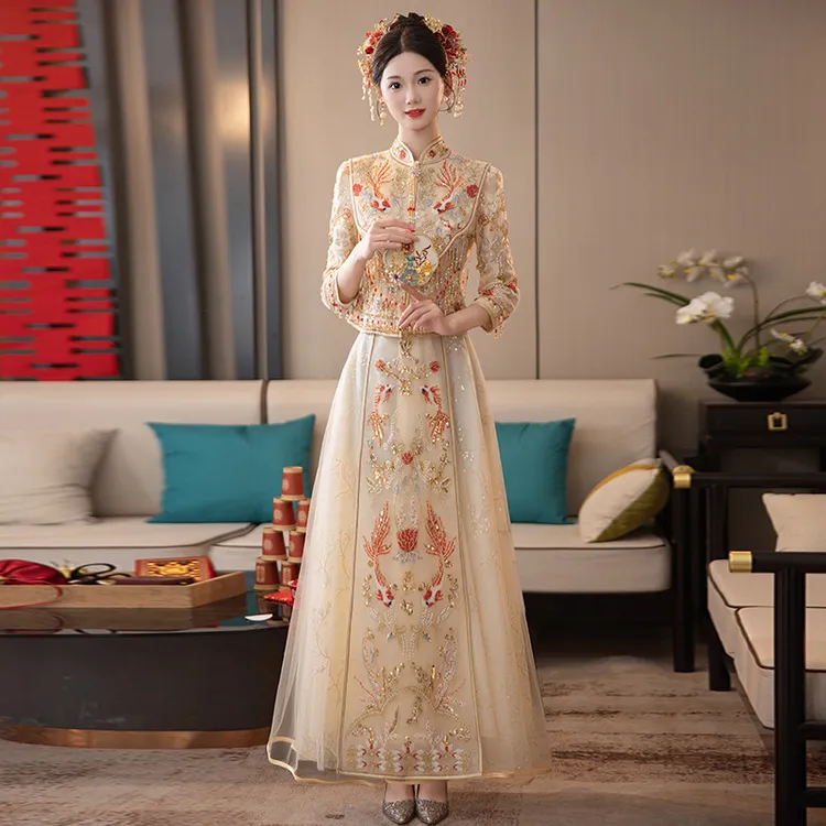 香槟色秀禾服新娘2025年新款春季小个子结婚龙凤褂中式金色秀和服