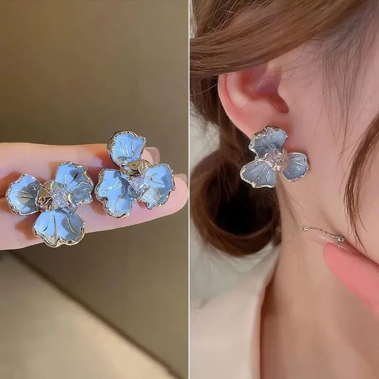 合金珐琅耳饰 新款气质法式蓝色鸢尾花朵耳环高级耳钉小众设计