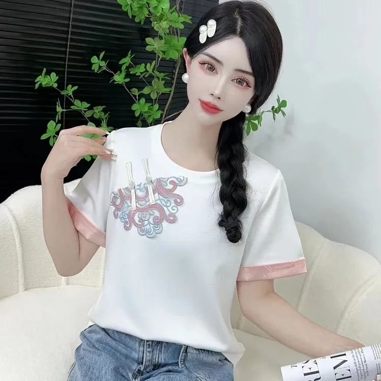 春秋新款中式半袖时尚百搭重工刺绣洋气显瘦减龄简约气质女士T恤
