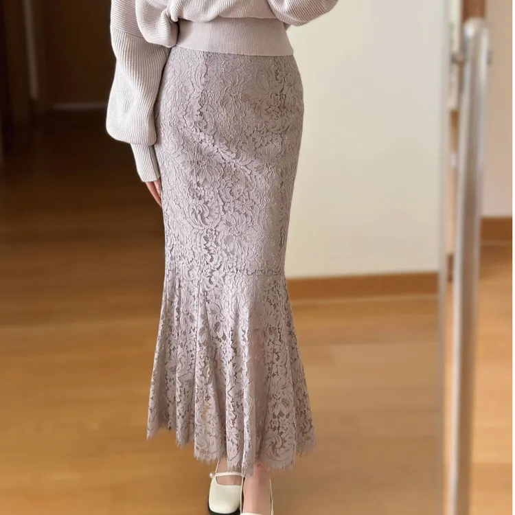 甜美气质仙女高腰荷叶边蕾丝镂空鱼尾半身裙优雅显瘦轻奢长裙子