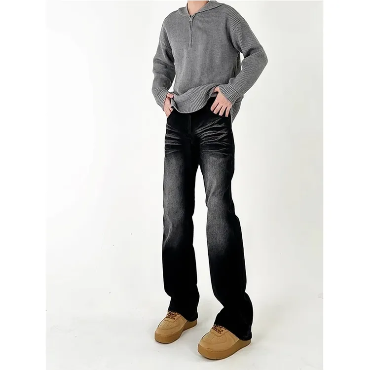 美式加绒渐变黑微喇牛仔裤男士宽松直筒复古高街cleanfi修身长裤