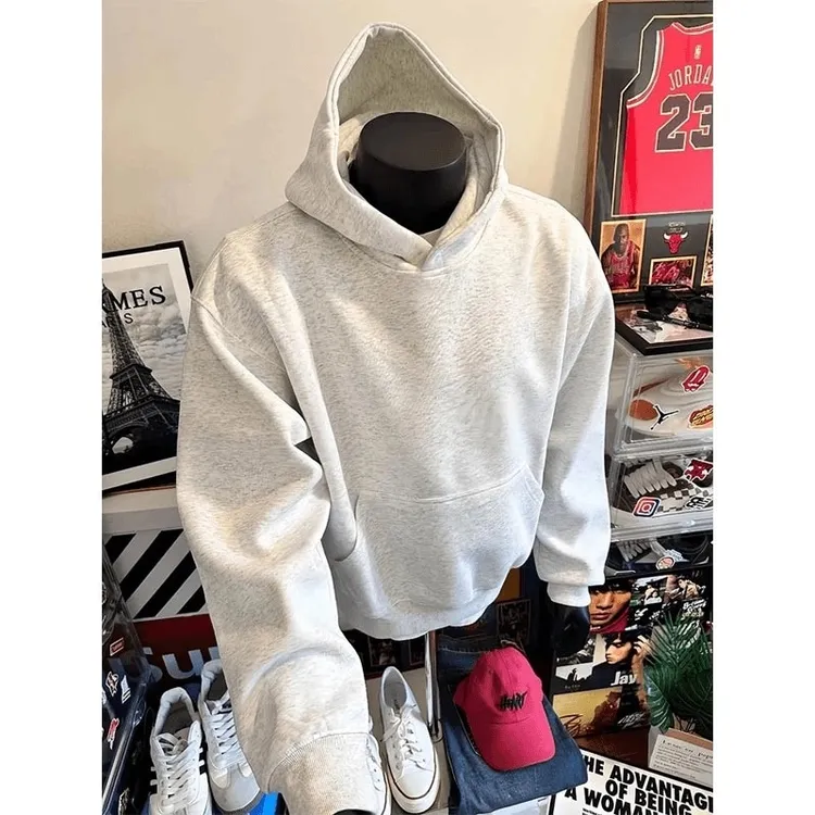 花灰色重磅硬挺卫衣男士秋冬季加绒加厚cleanfit美式高街连帽外套