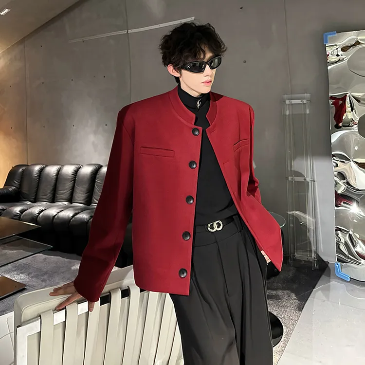 新中式垫肩立领西装外套男春秋款高级感痞帅气质夹克安可拉红西服