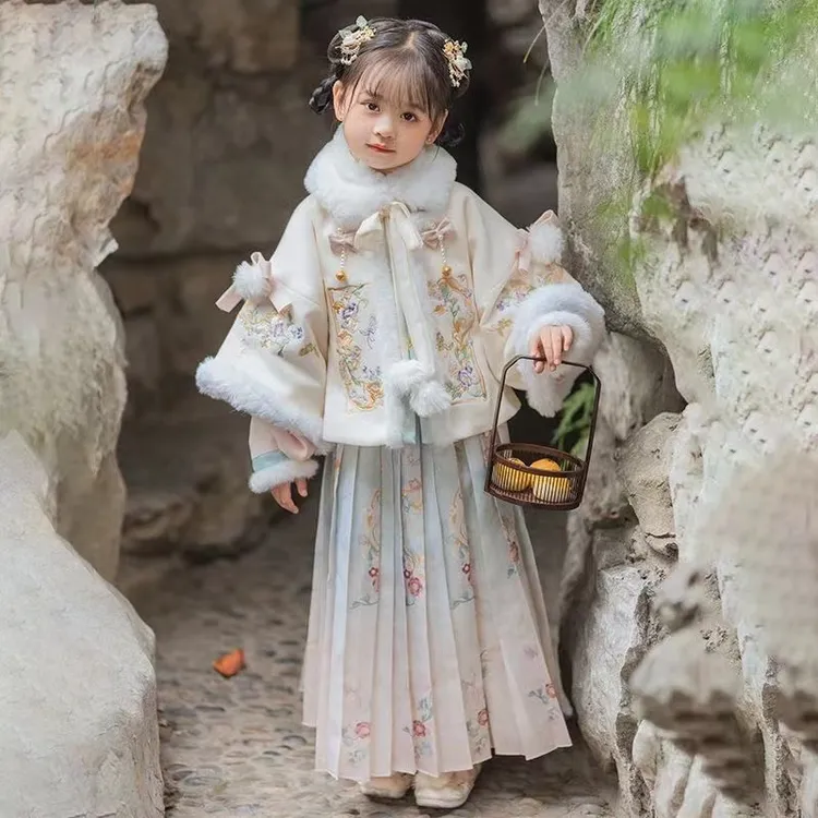 100-160汉服女童小孩长袖加绒马面裙拜年服加厚新款仙气古风冬季