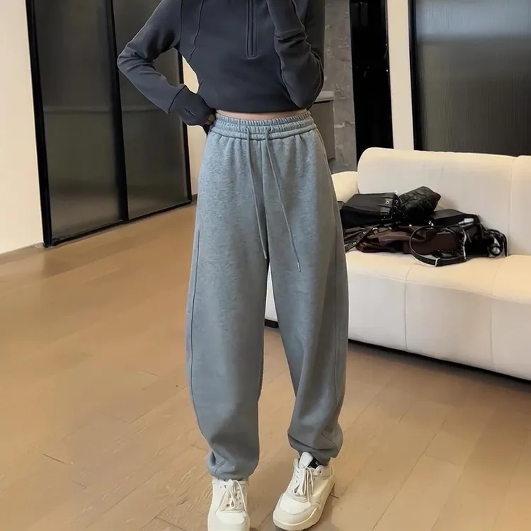 休闲女装2024秋冬季百搭束脚卫裤宽松显瘦梨形身材抽绳加绒弯刀裤