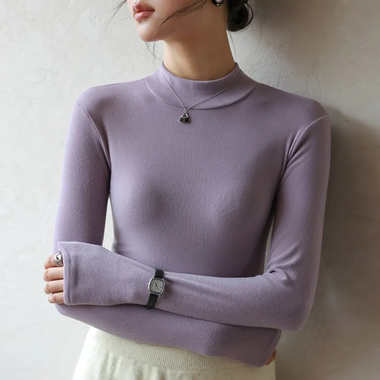 微米绒半高领打底衫女秋冬纯色百搭内搭洋气磨毛修身长袖显瘦上衣