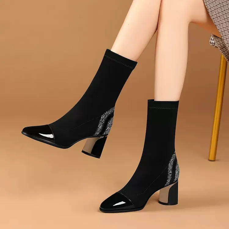 弹力靴女高跟中筒靴2025秋冬新款圆头单靴粗跟显瘦大码靴子女短靴