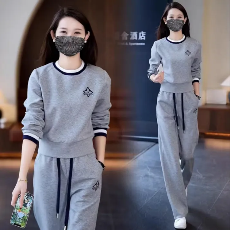 纯棉休闲时尚运动套装女2025春秋季新款韩版圆领卫衣风时尚两件套