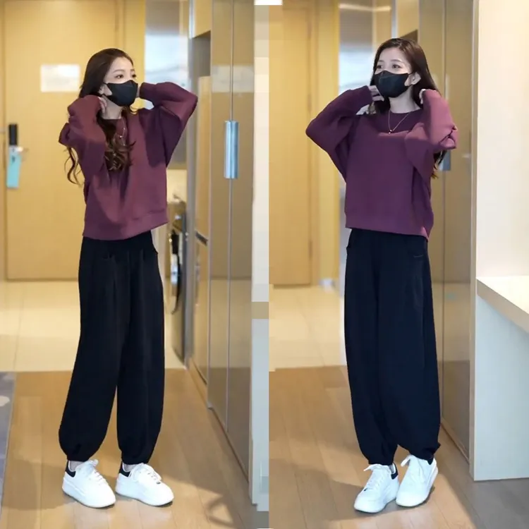 纯棉休闲风运动套装女2025春秋季新款韩版圆领宽松卫衣时尚两件套