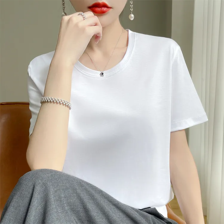 桑蚕丝凉感t恤女纯色V领宽松上衣精梳丝光棉短袖夏季打底百搭T恤