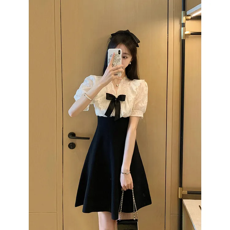 女装小香风名媛连衣裙2025夏季新款假两件小个子收腰显瘦A字裙