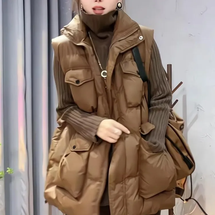 美拉德高级感纯色拼接无袖棉服马甲女2025冬季新款宽松上衣潮1314