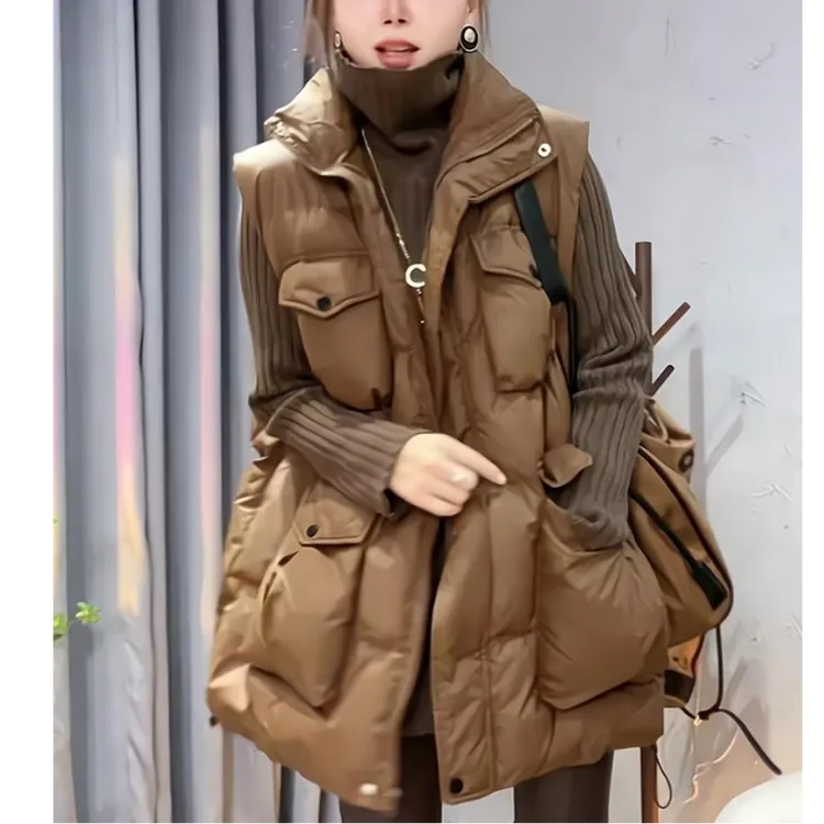 重磅秋冬季新款女装2025咖色中长款加厚棉服马甲外套高级感小众潮