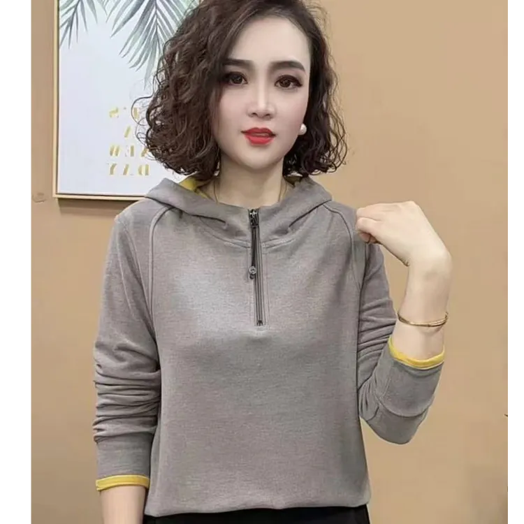 2024冬季新款撞色连帽半拉链双面绒时尚百搭减龄显瘦女士长袖小衫