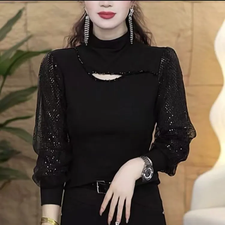 2024冬季新款时尚纯色镂空设计感半高领修身显瘦女士长袖打底衫