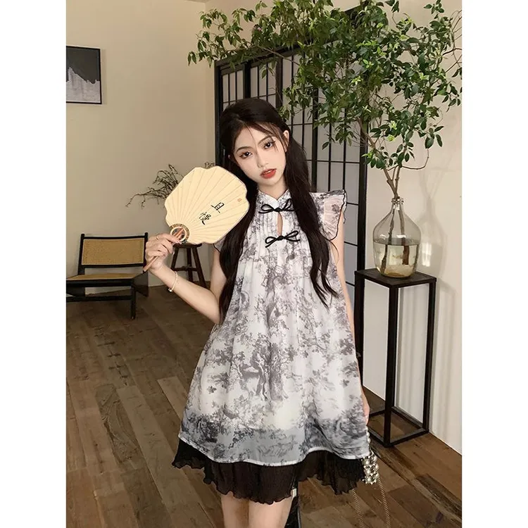 新中式国风假两件连衣裙女夏季新款水墨画感显瘦短裙中国风旗袍