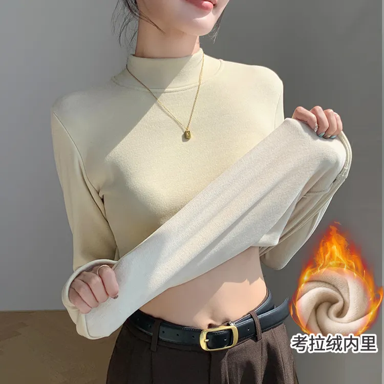 H561半高领羊毛打底衫女秋冬季内搭一体加绒加厚修身保暖长袖上衣