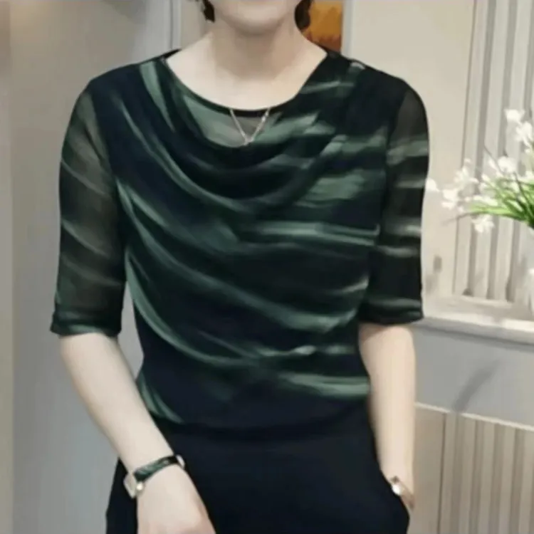 女士网纱t恤夏季新款胖mm短袖体恤显瘦印花打底衫堆堆领正肩上衣