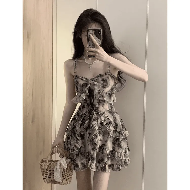 水墨感碎花甜辣吊带连衣裙女装夏设计感荷叶边小个子国风短裙裙子
