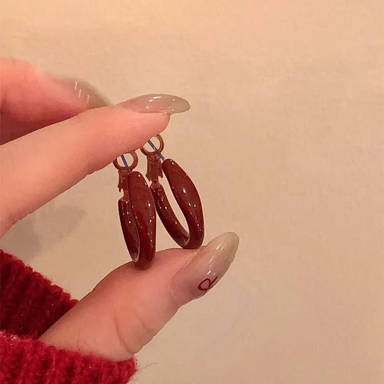 合金耳饰 红茶风安可拉红色小耳圈小众设计秋冬复古耳环新款耳饰