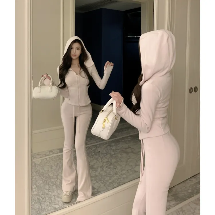 韩版纯欲修身收腰休闲套装连帽卫衣拉链外套微喇拖地裤长裤两件套