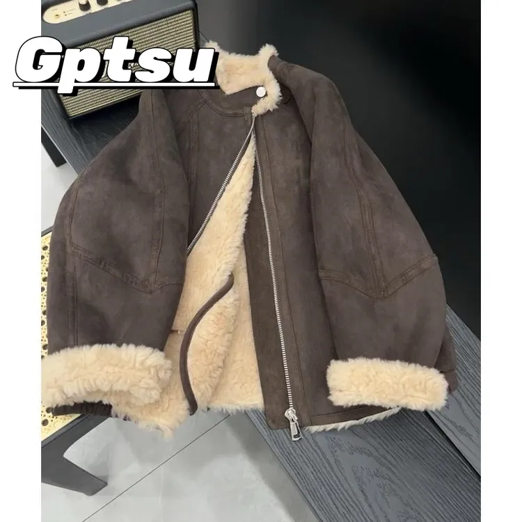 GPTSu韩系羊羔毛短外套女2025新款秋冬皮毛一体咖色加绒加厚上衣