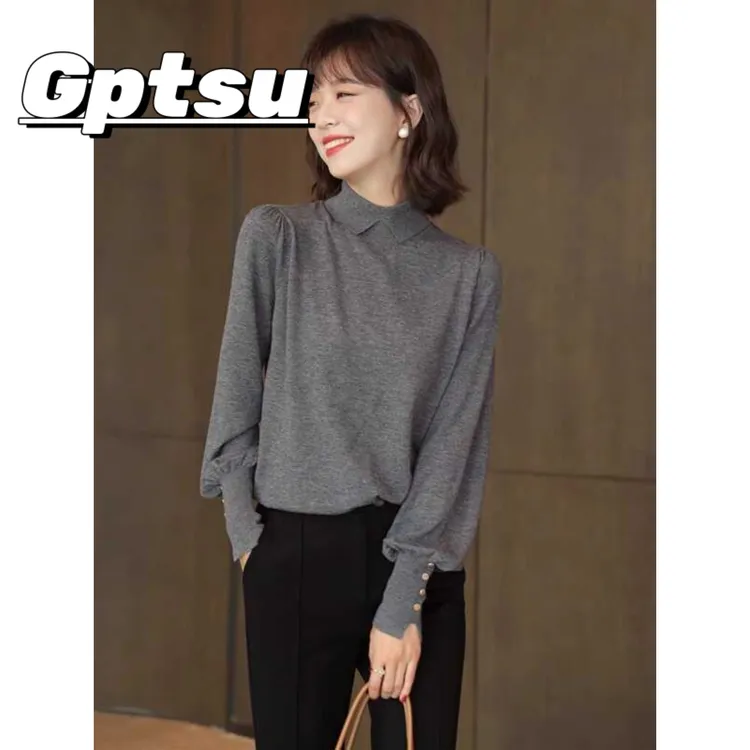 GPTSu2025年秋冬新款翻领灯笼袖羊毛针织衫女时尚气质显瘦打底衫