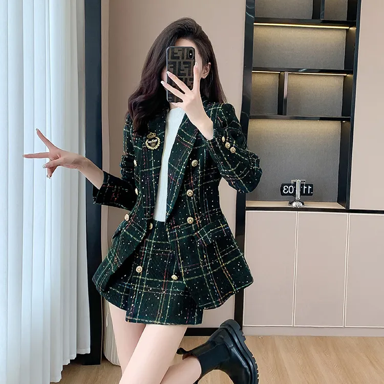 GPTSu名媛小香风套装洋气2025秋冬新款时尚学院风格子西装两件套