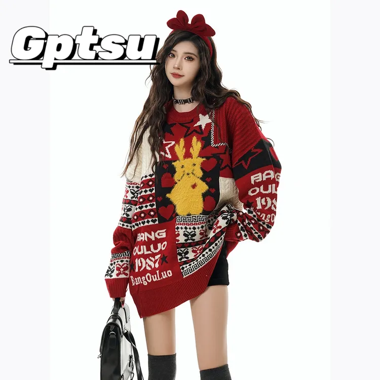 GPTSu新年圣诞红色套头毛衣女秋冬百搭复古软糯情侣宽松针织上衣