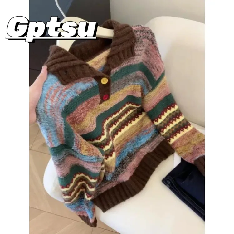 GPTSu提花慵懒复古毛衣女秋冬加厚翻领彩色条纹撞色针织上衣百搭
