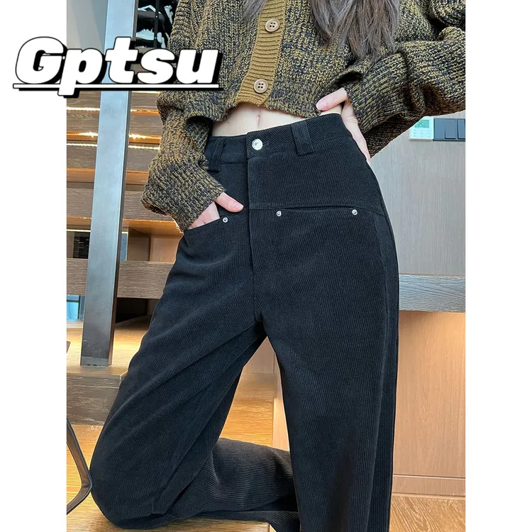 GPTSu黑色窄版阔腿裤女春秋冬季高腰垂感休闲加灯芯绒直筒西装裤