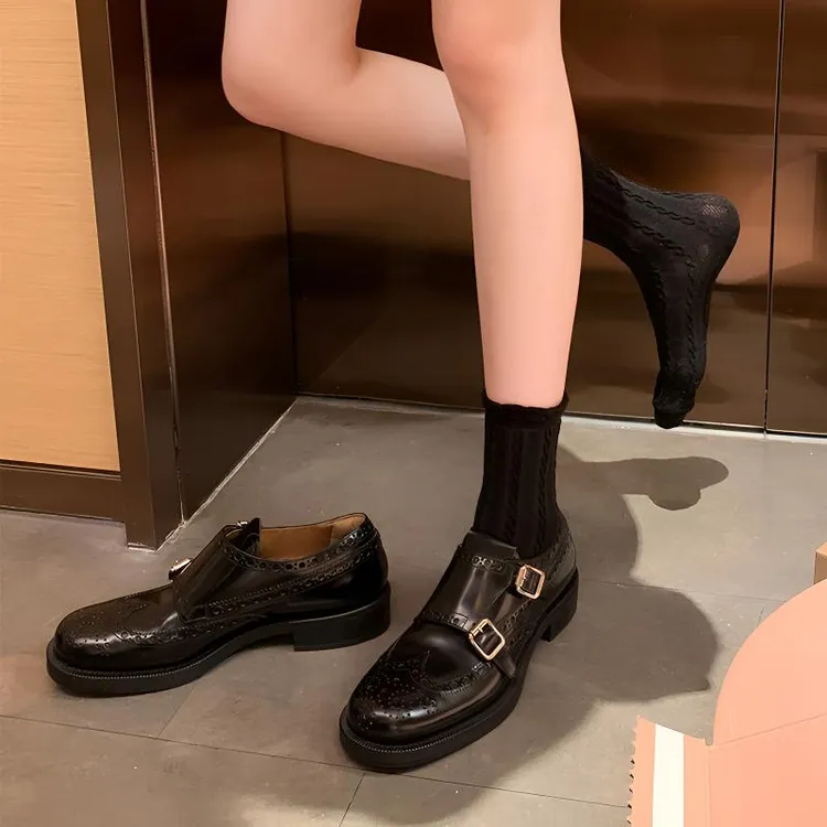 【茵茵家】英伦风复古圆头精致雕花巴洛克单鞋孟克小皮鞋女春秋新款