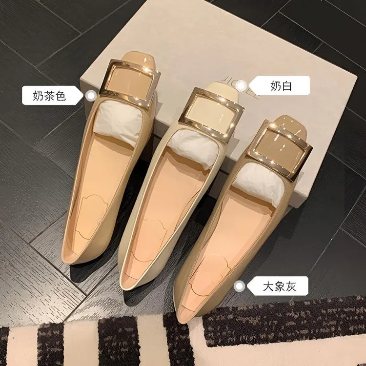 【茵茵家】经典方扣漆皮小方头浅口高跟鞋女夏粗跟平底通勤单鞋新款