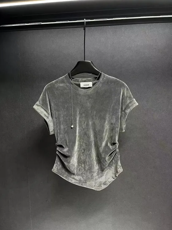 欧货2024夏季新款时尚收腰显瘦丝绒V领正肩短袖T恤女港味chic上衣