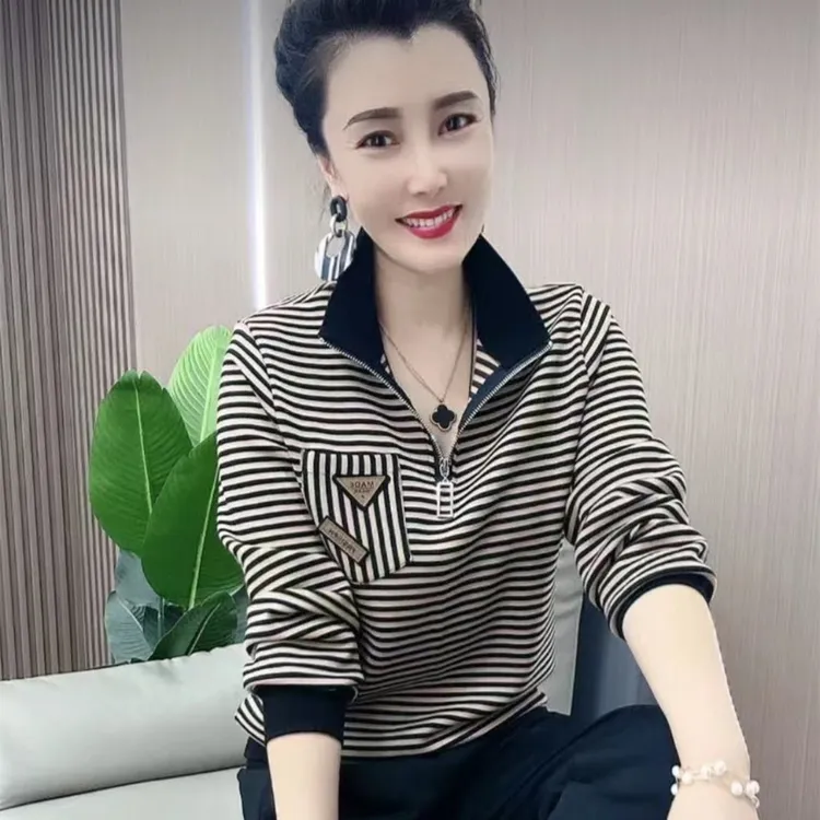 2023春季新款条纹长袖时尚休闲显瘦百搭时尚宽松女士正肩T恤上衣