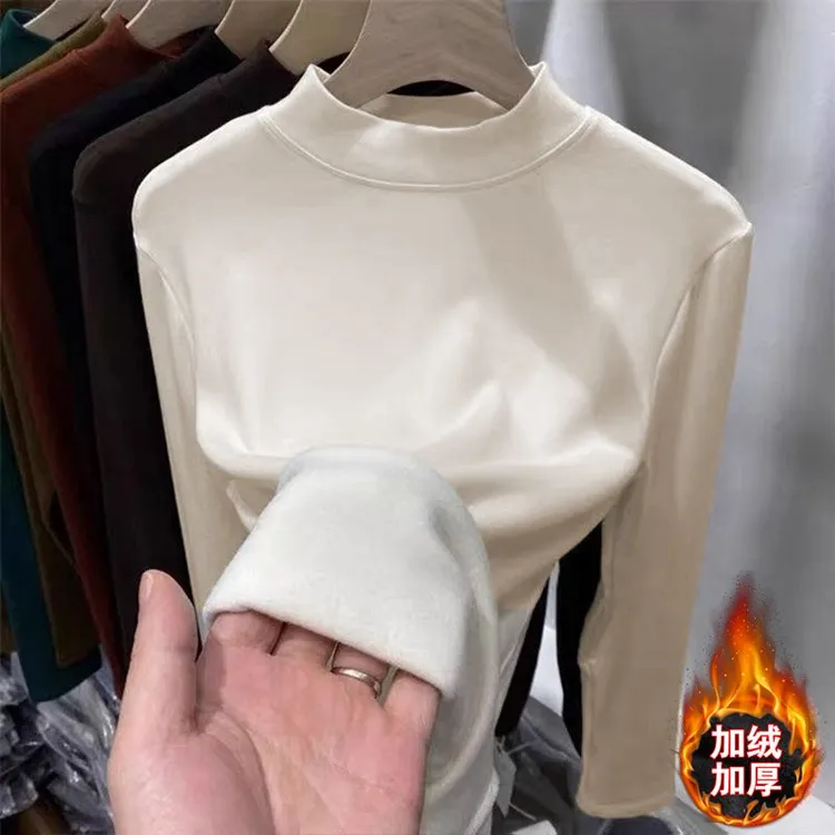 德绒复合真超加绒加厚打底衫女秋冬2025新款内搭半高立领保暖上衣