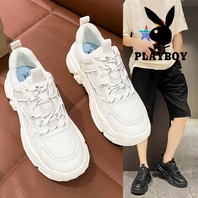 花花公子鞋子男鞋秋季新款网面透气情侣鞋厚底增高百搭小白运动鞋