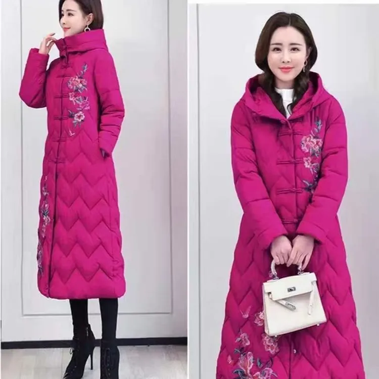2023新款妈妈冬装国潮中长款过膝加厚棉服绣花唐装中国风旗袍外套