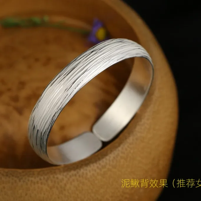 足银手镯 横纹手工银手镯999足银镯子女款男士个性树纹手环时尚