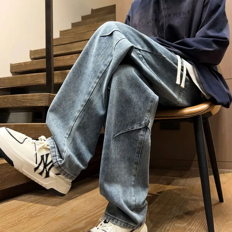 牛仔裤男款秋冬款直筒宽松大码阔腿裤春秋季美式高街潮牌微喇裤男