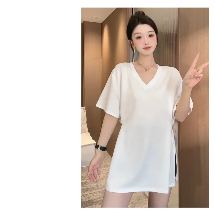 【V领收腰】大领口纯色慵懒宽松百搭休闲大版夏季五分袖T恤女 F1125
