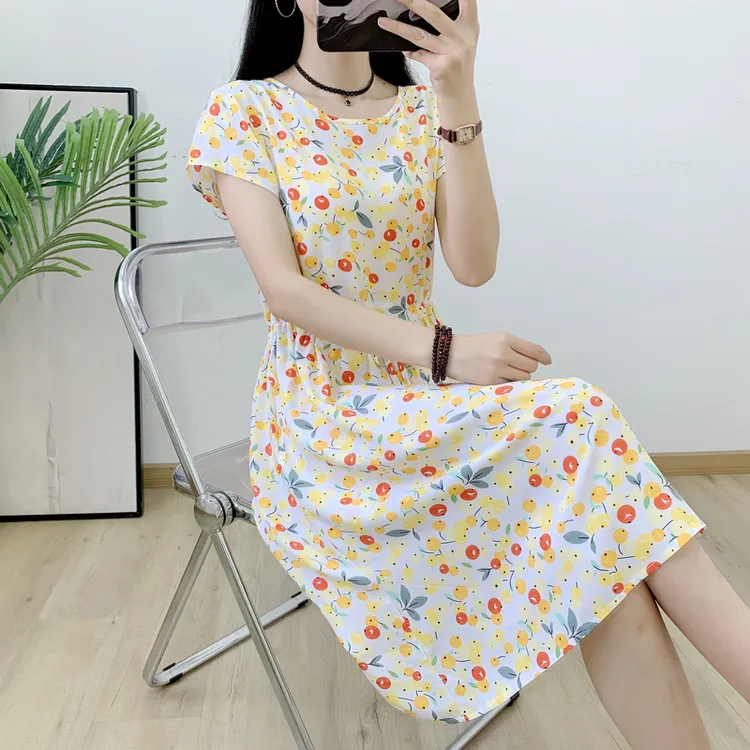 有口袋夏季新款薄款外穿棉绸连衣裙女士中长款抽绳碎花人造棉裙子