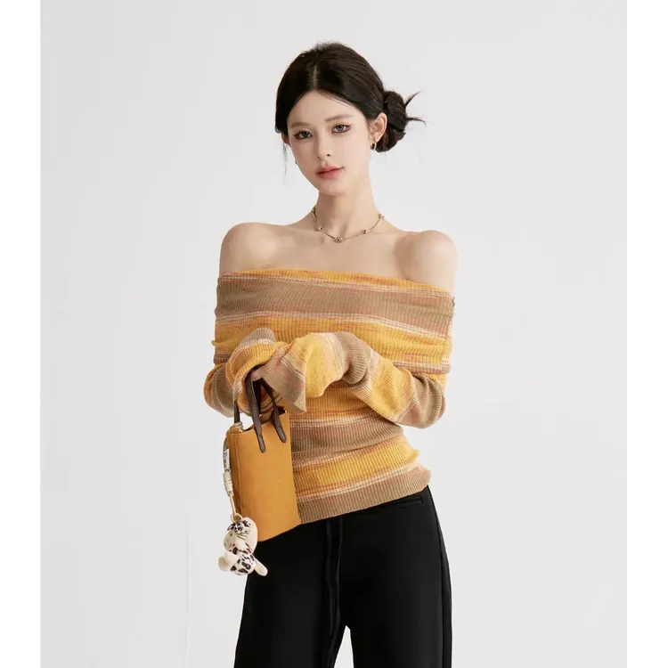 CHUNZI美式辣妹撞色条纹拼接一字肩收腰显瘦长袖针织衫秋冬打底
