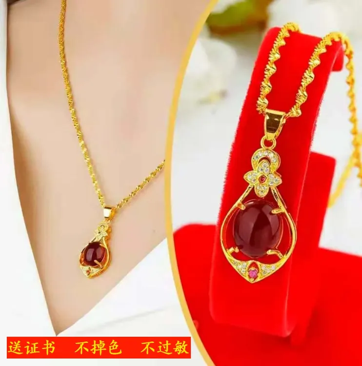 钛钢项链 红色四叶草吊坠金色项链女不掉色小众ins设计感饰品情侣