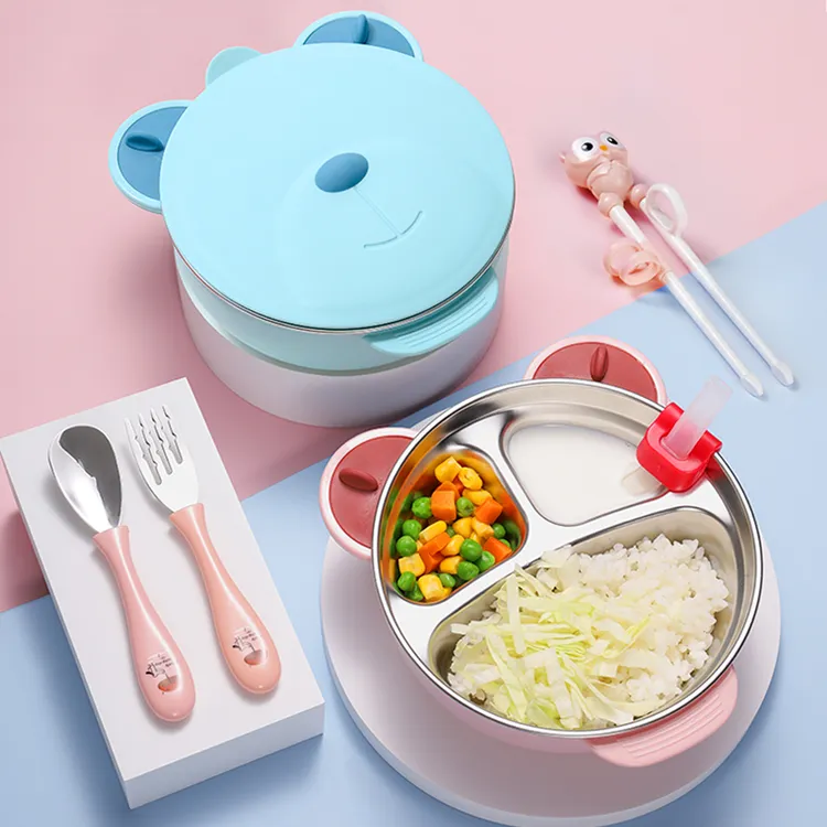 宝宝餐盘分格注水保温辅食碗吸盘式吃饭防摔不锈钢婴儿童餐具套装