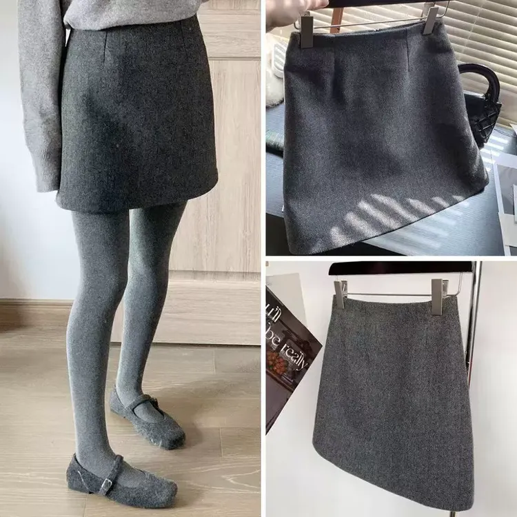 大码高级灰显瘦半身裙秋冬简约毛呢短裙高腰miu系小个子百搭a字裙
