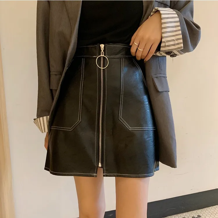 胖妹妹半身裙女2025早秋韩版高腰a字黑色短裙拉链防走光百搭皮裙
