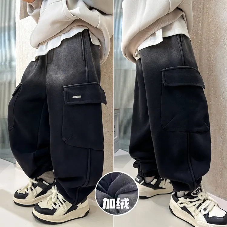 男童裤子2025加绒新款自制中大童大口袋休闲裤港风长裤儿童工装裤