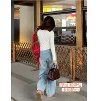 冬季厚绒糯叽叽浅蓝色百搭牛仔阔腿裤（小个子定制）