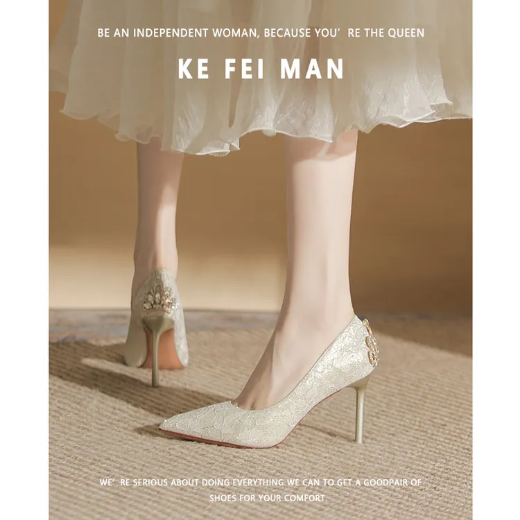 伴娘婚鞋新娘鞋女细跟2024新款金色细跟高跟鞋主婚纱婚鞋不累脚